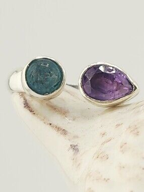 AQUAMARINE & AMETHYST RING STONES ADJUSTABLE  HANDMADE RING IN STERLING SILVER 9